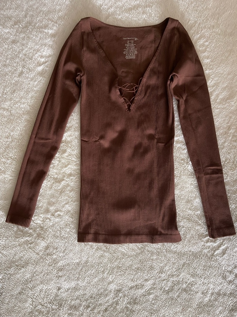 Intimately Free People Brown Lace-Up Ribbed V-Neck Stretchable Long Sleeve Top